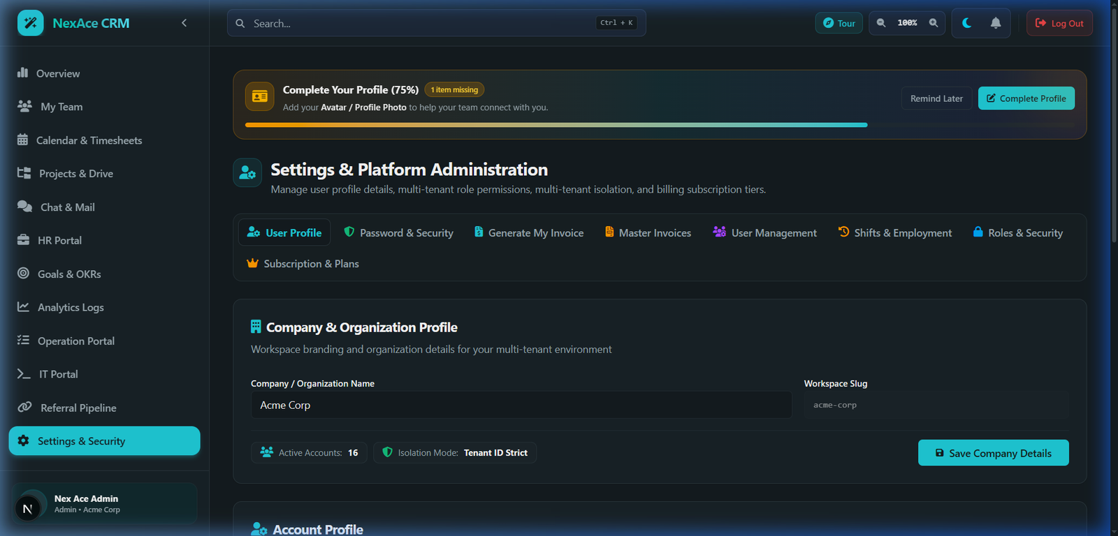 Settings, RBAC & Work Shifts Screenshot