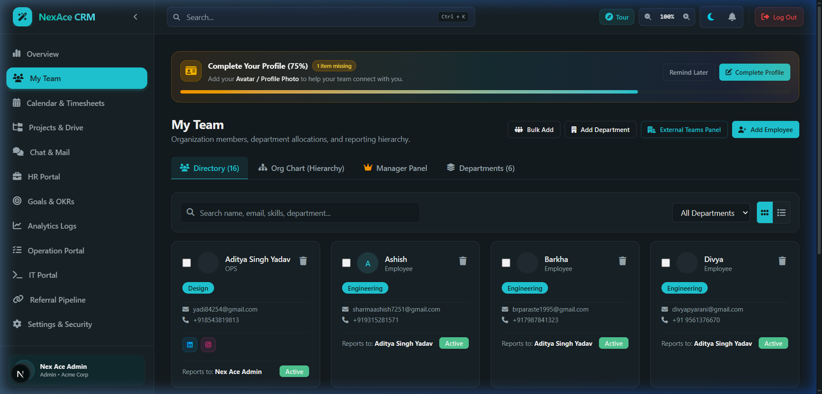 My Team & Organization Screenshot